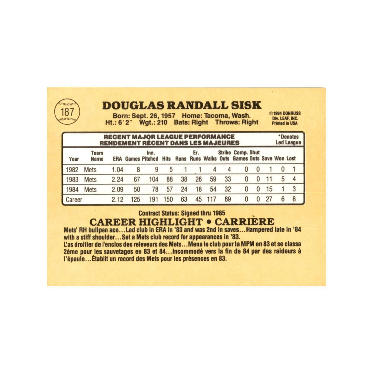 Doug Sisk 1985 Leaf #187 New York Mets Baseball Card NM