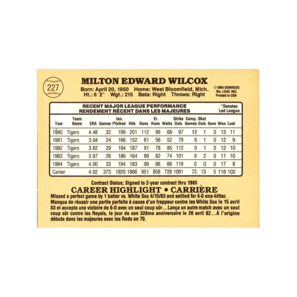 Milt Wilcox 1985 Leaf #227 Detroit Tigers Baseball Card NM