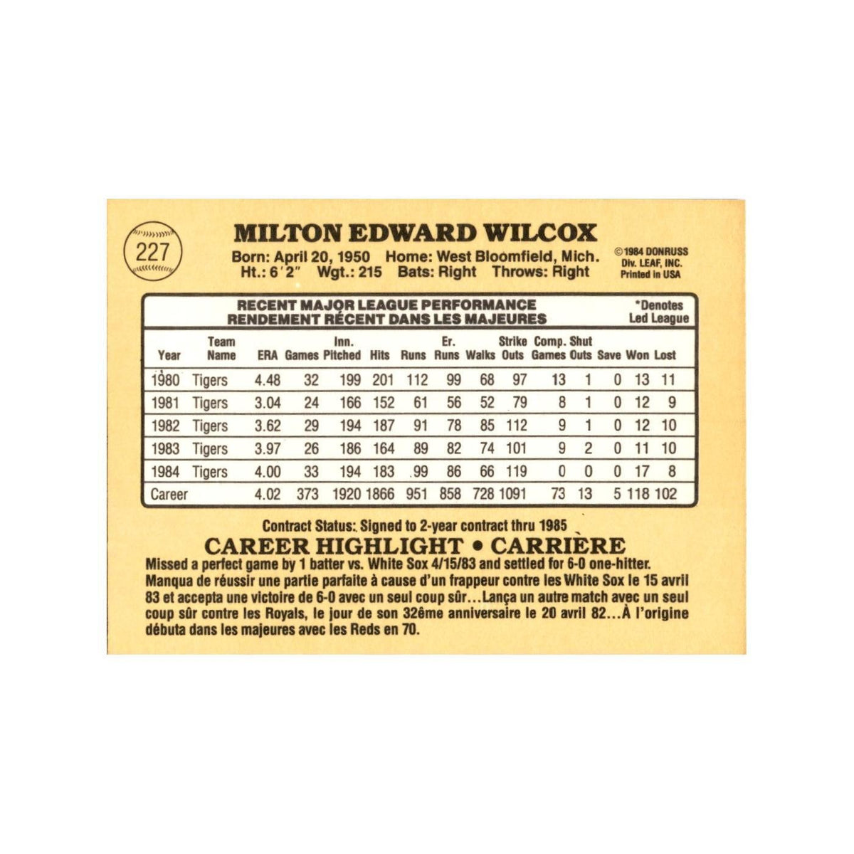 Milt Wilcox 1985 Leaf #227 Detroit Tigers Baseball Card NM