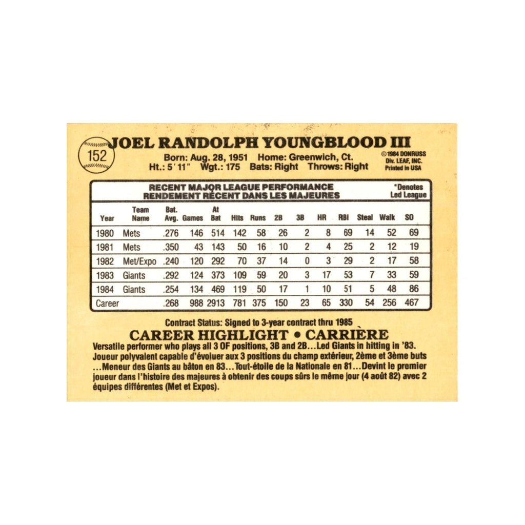 Joel Youngblood 1985 Leaf #152 San Francisco Giants Baseball Card NM