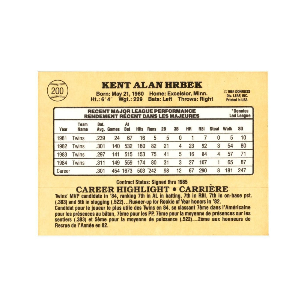 Kent Hrbek 1985 Leaf #200 Minnesota Twins Baseball Card NM