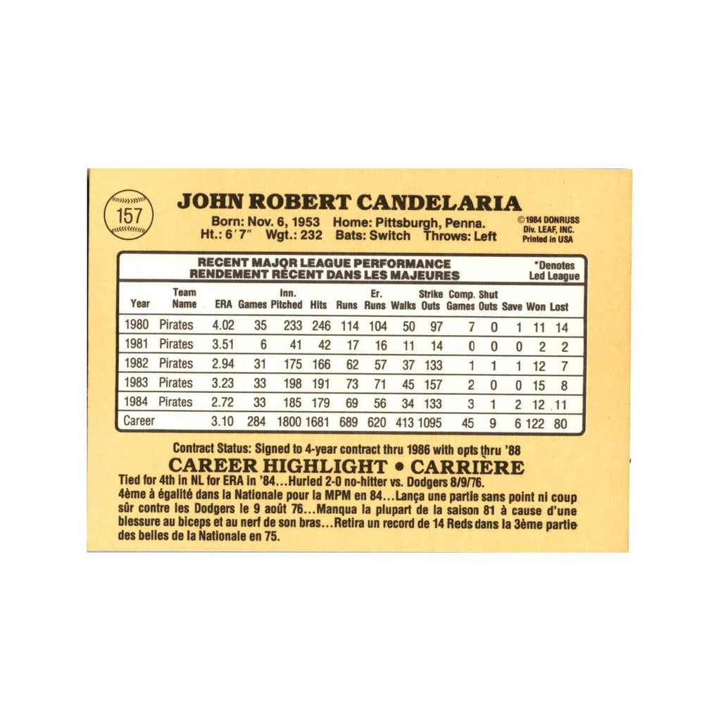 John Candelaria 1985 Leaf #157 Pittsburgh Pirates Baseball Card NM