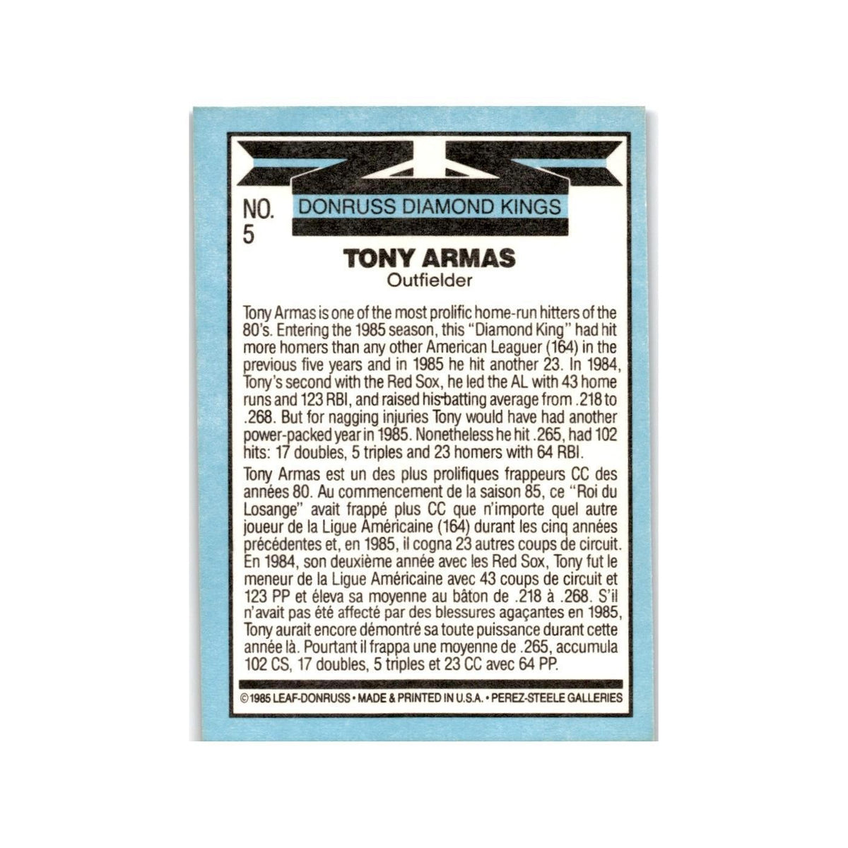 Tony Armas 1986 Leaf #5 Boston Red Sox Baseball Card NM