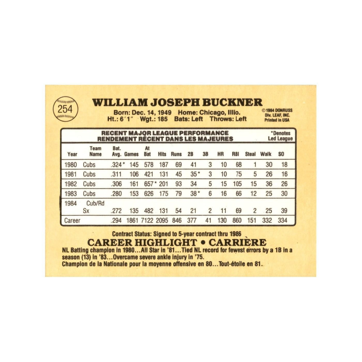 Bill Buckner 1985 Leaf #254 Boston Red Sox Baseball Card NM