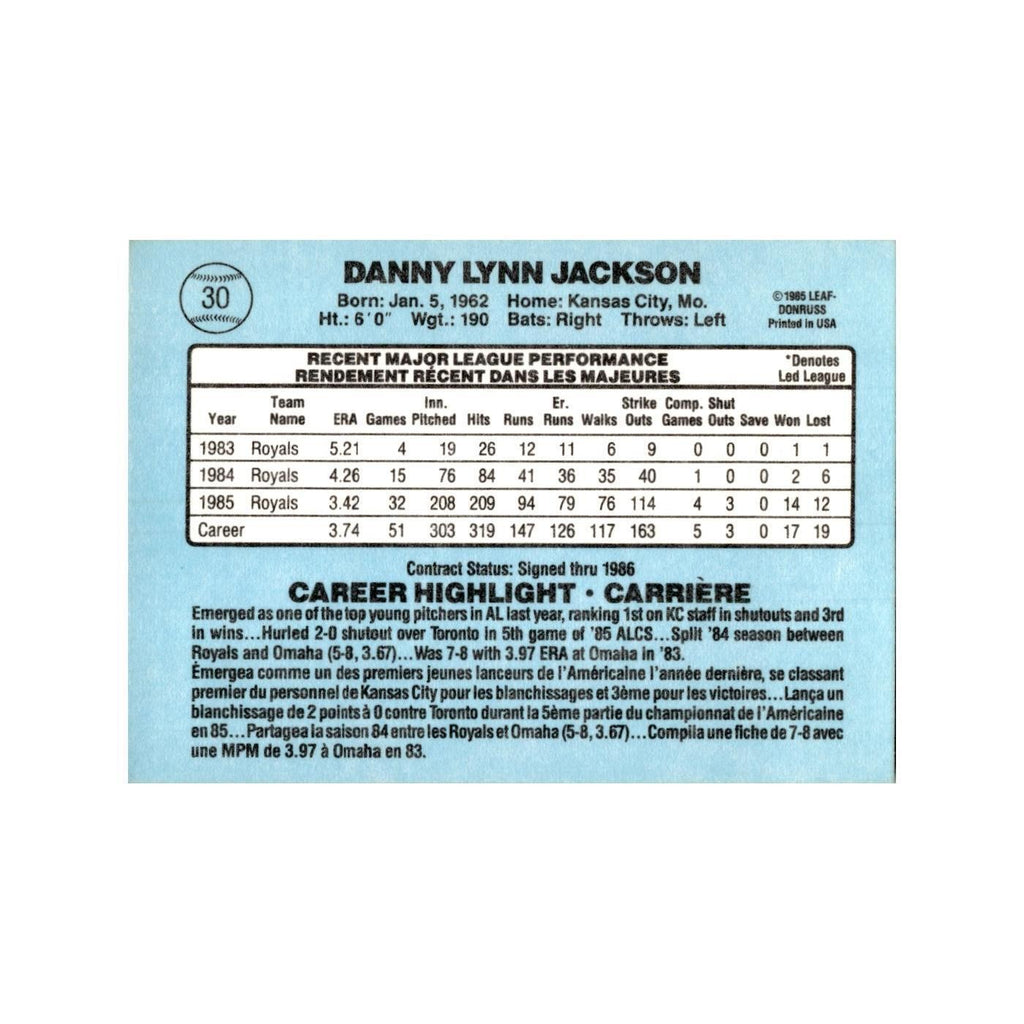 Danny Jackson 1986 Leaf #30 Kansas City Royals Baseball Card NM