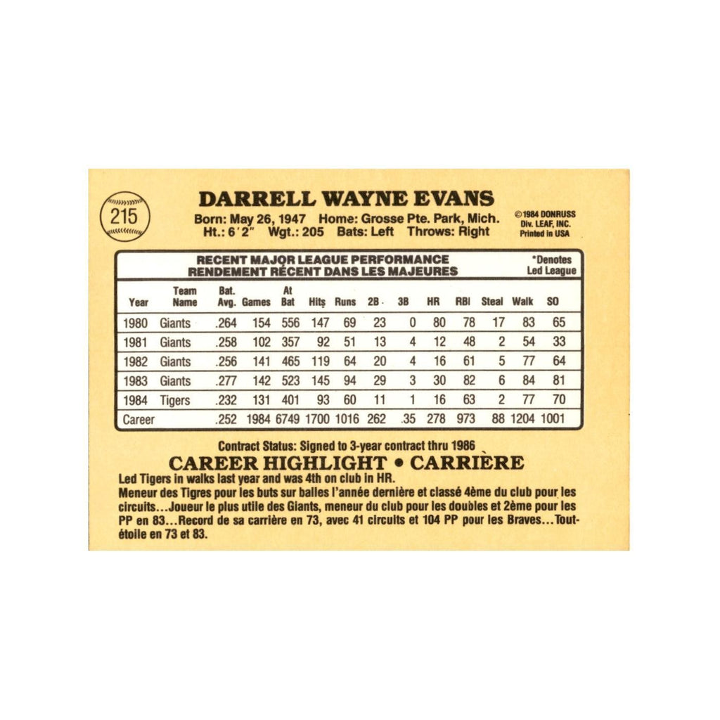 Darrell Evans 1985 Leaf #215 Detroit Tigers Baseball Card NM