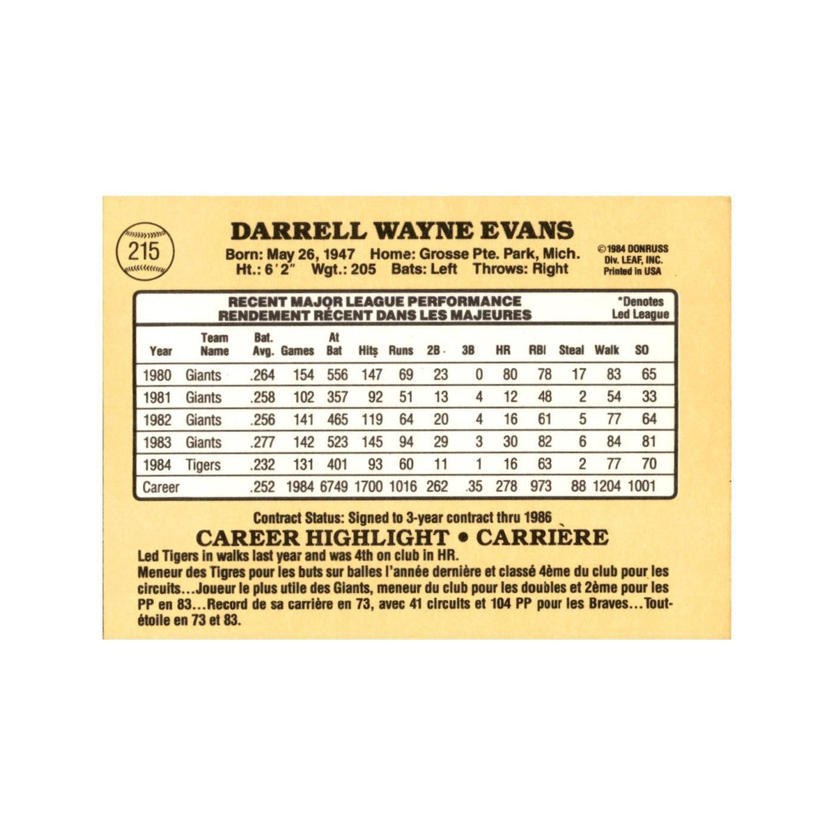 Darrell Evans 1985 Leaf #215 Detroit Tigers Baseball Card NM