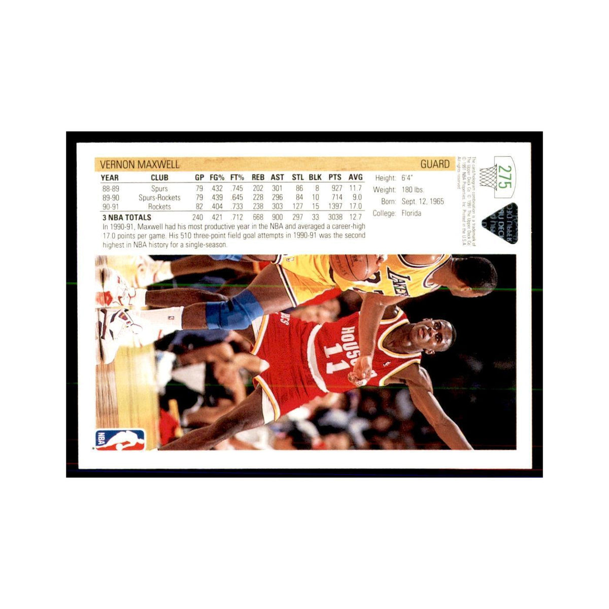 1991 Upper Deck Vernon Maxwell Basketball Cards #275