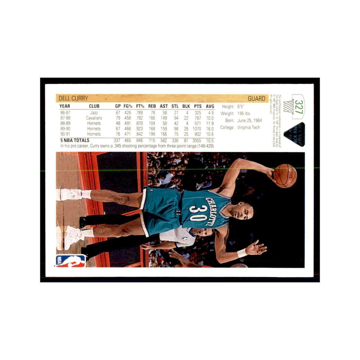 1991 Upper Deck Dell Curry Basketball Cards #327