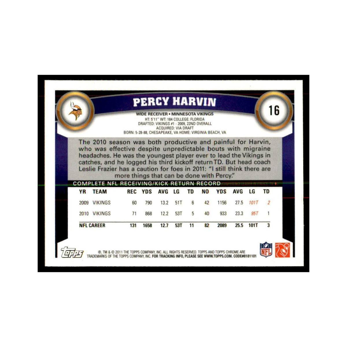 2011 Topps Chrome Percy Harvin Football Cards #16