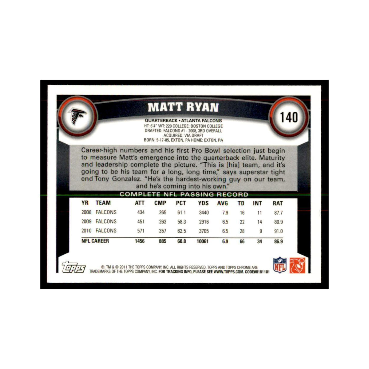 2011 Topps Chrome Matt Ryan Football Cards #140