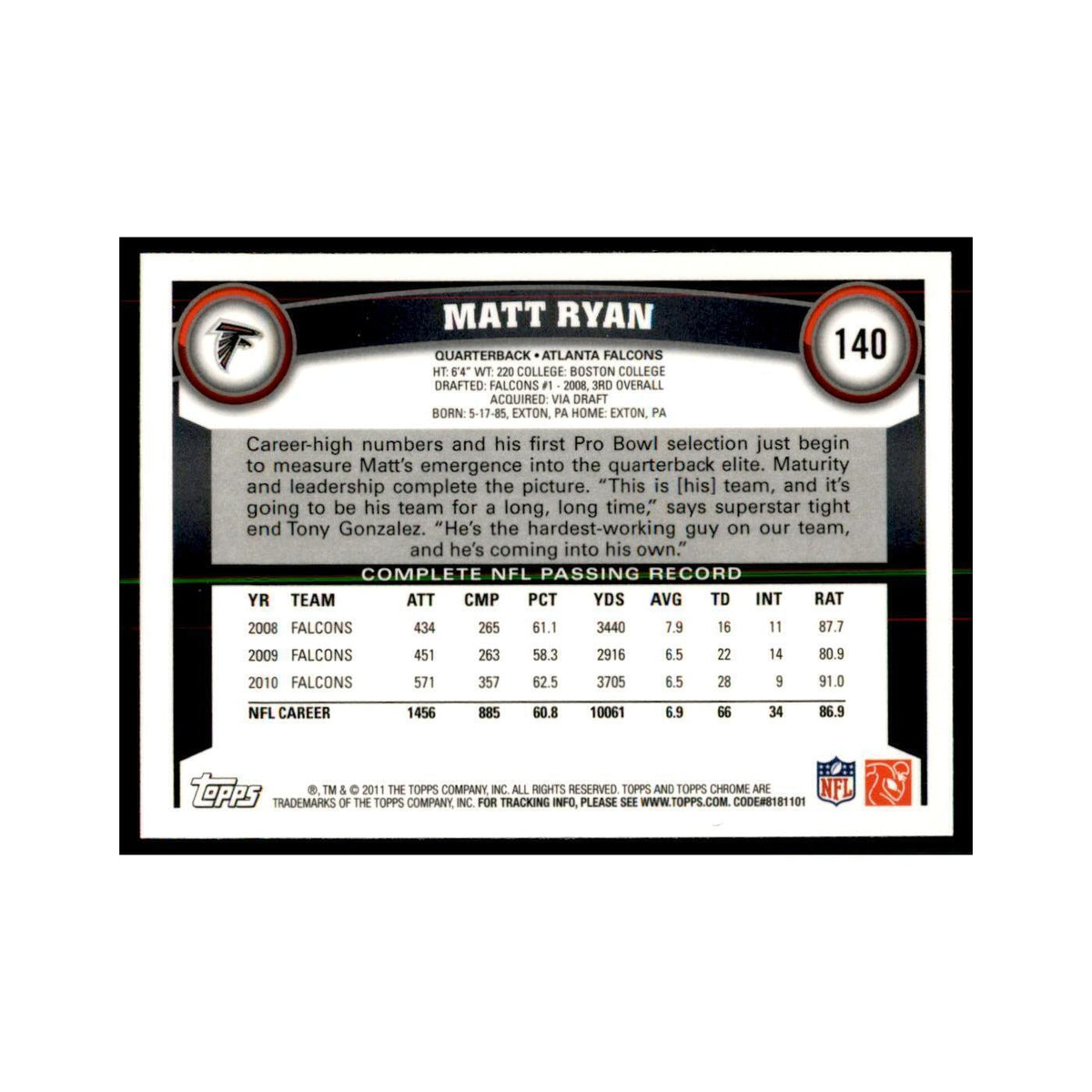 2011 Topps Chrome Matt Ryan Football Cards #140