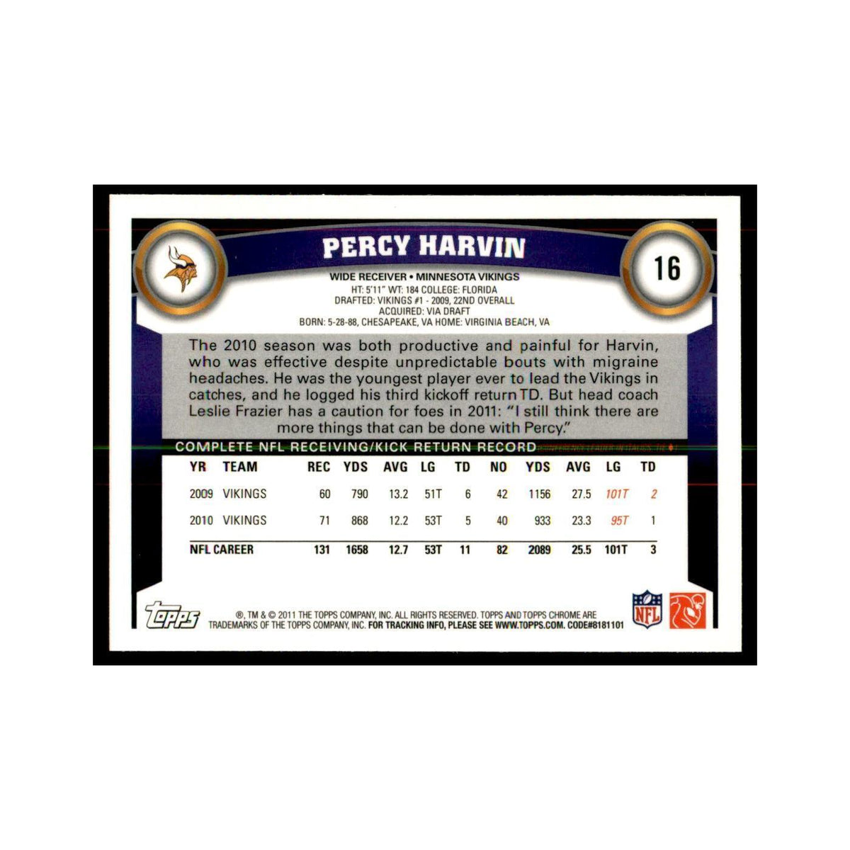 2011 Topps Chrome Percy Harvin Football Cards #16