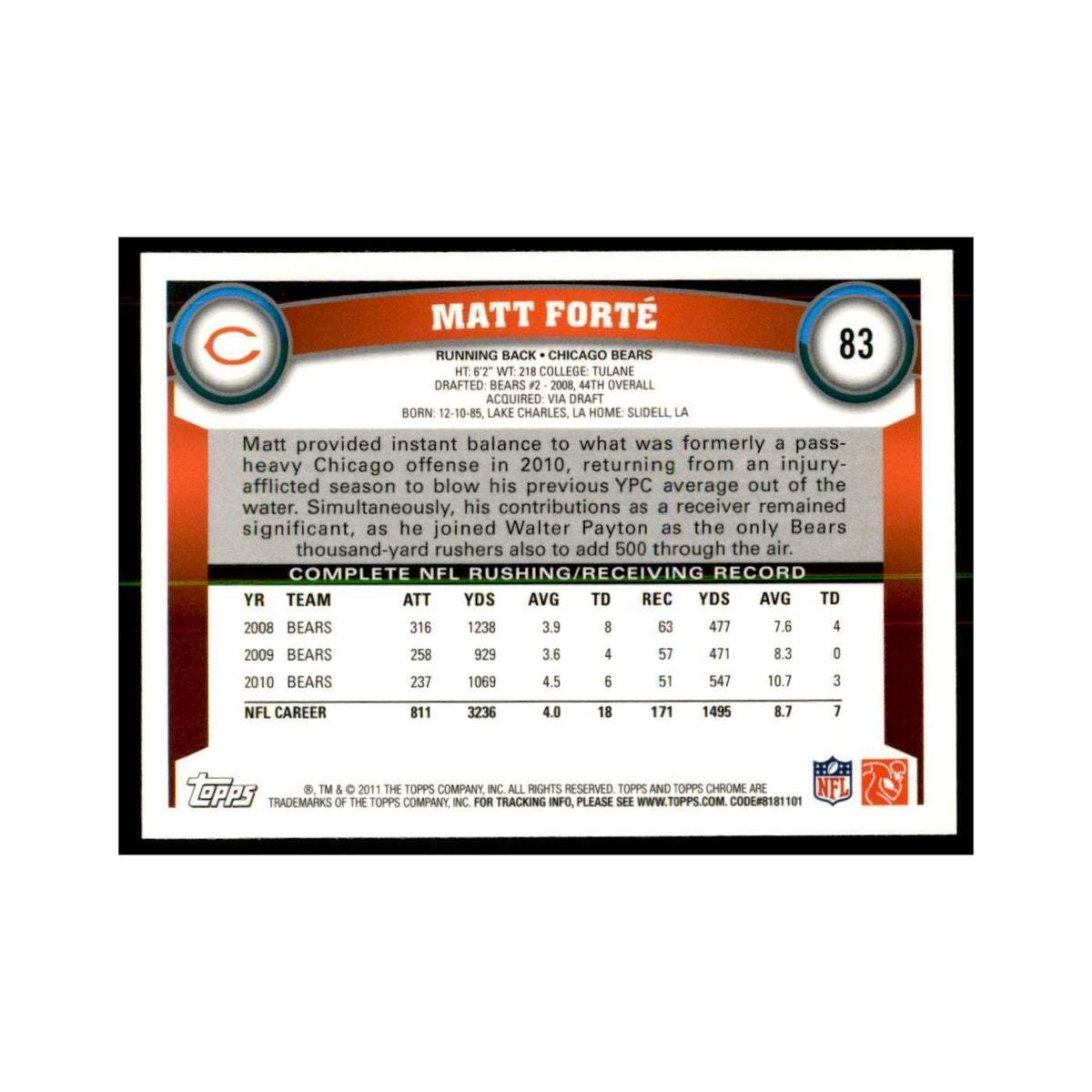 2011 Topps Chrome Matt Forte Football Cards #83