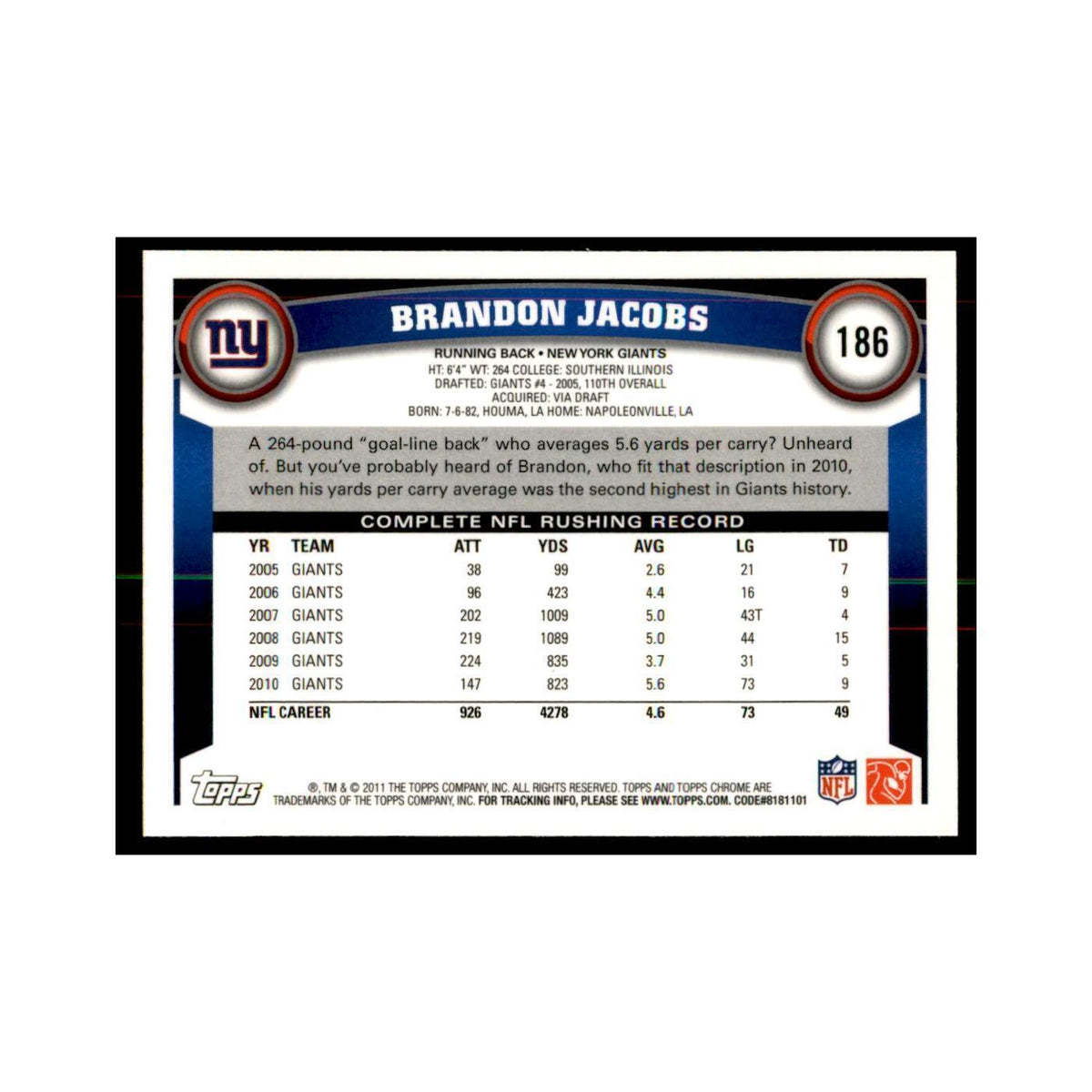 2011 Topps Chrome Brandon Jacobs Football Cards #186