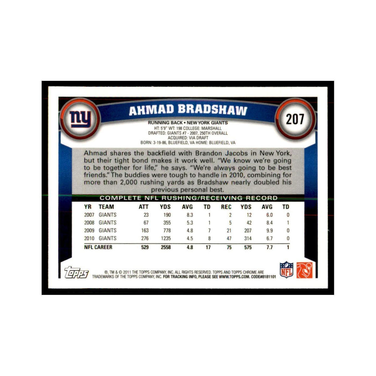 2011 Topps Chrome Ahmad Bradshaw Football Cards #207