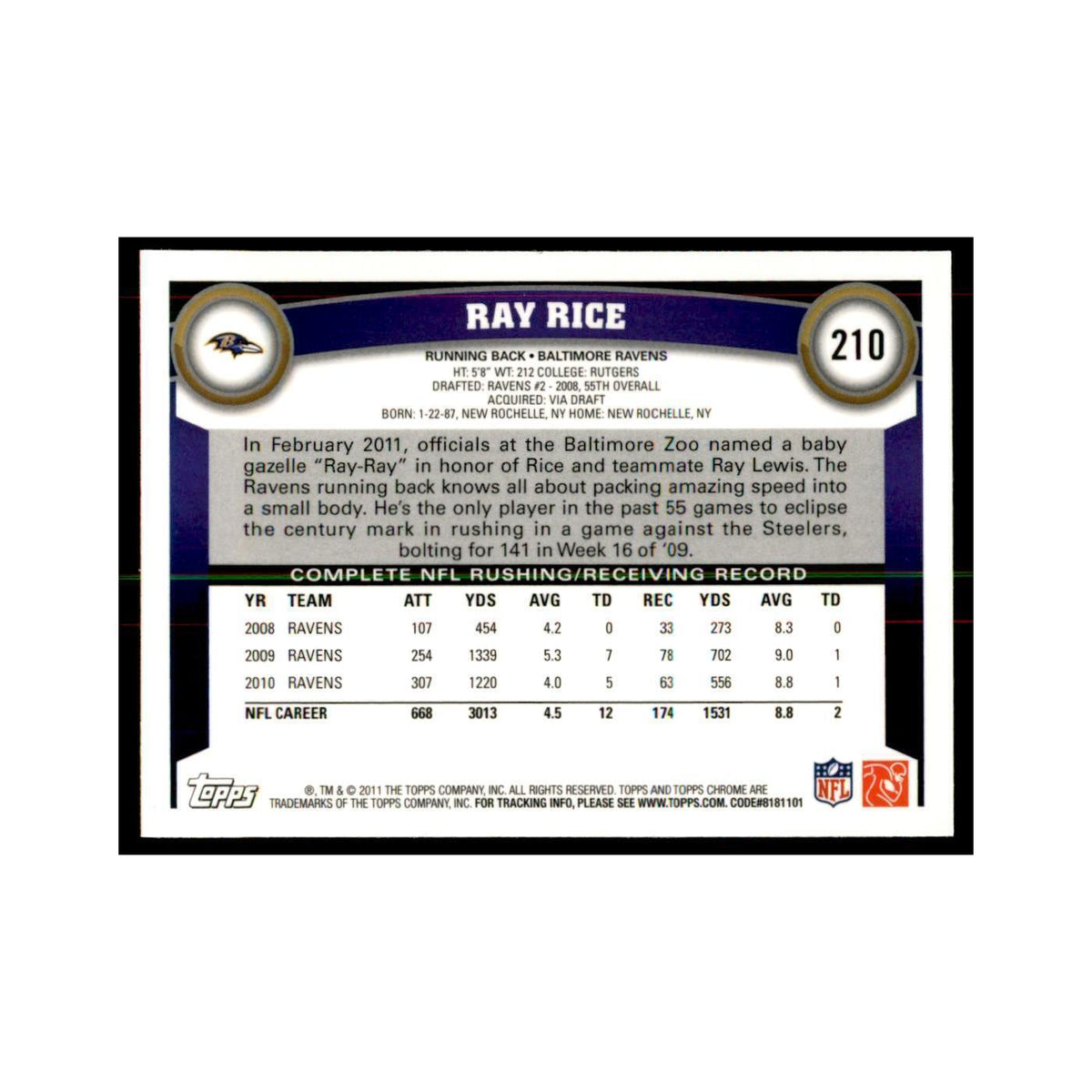 2011 Topps Chrome Ray Rice Football Cards #210