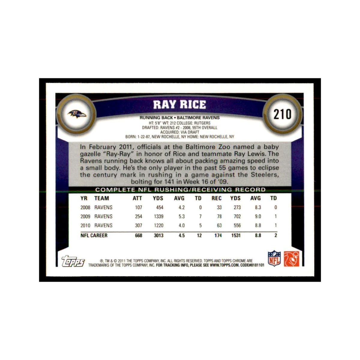 2011 Topps Chrome Ray Rice Football Cards #210