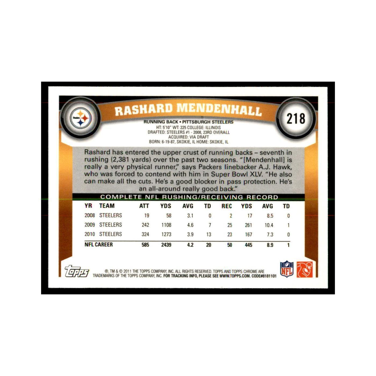 2011 Topps Chrome Rashard Mendenhall Football Cards #218