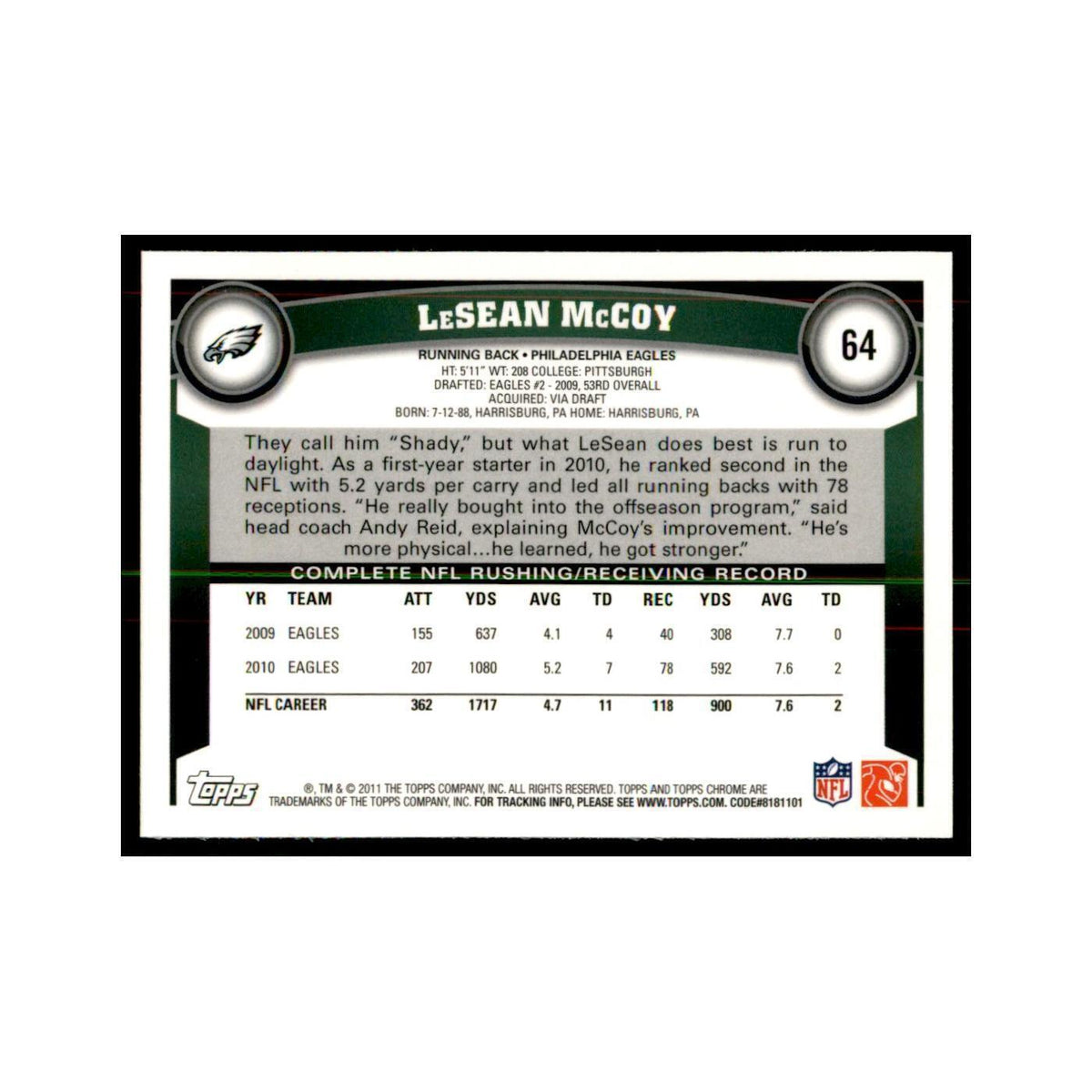 2011 Topps Chrome LeSean McCoy Football Cards #64