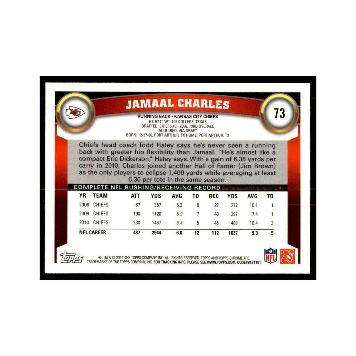 2011 Topps Chrome Jamaal Charles Football Cards #73