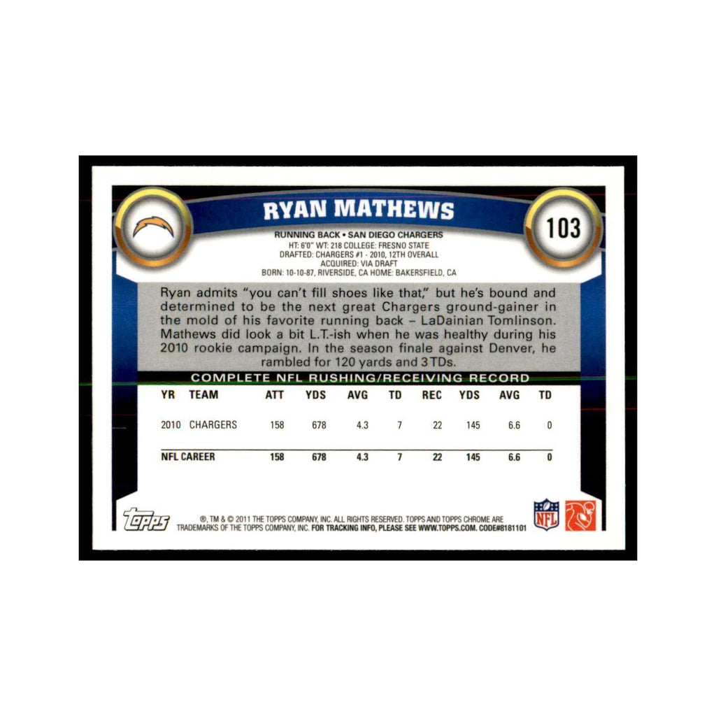 2011 Topps Chrome Ryan Mathews Football Cards #103