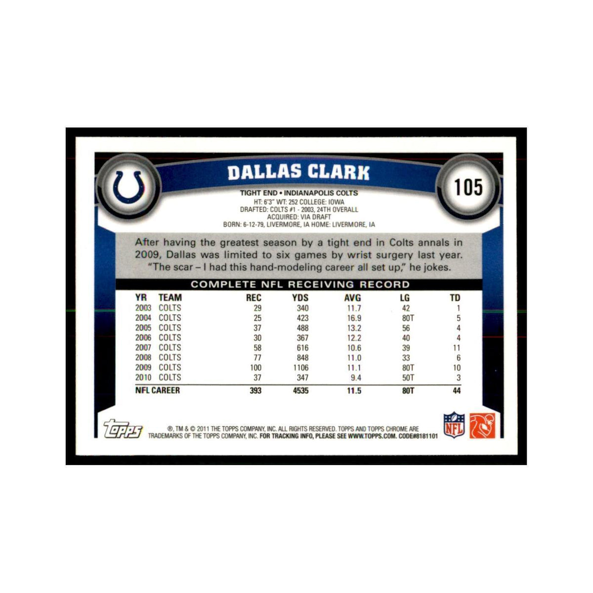 2011 Topps Chrome Dallas Clark Football Cards #105