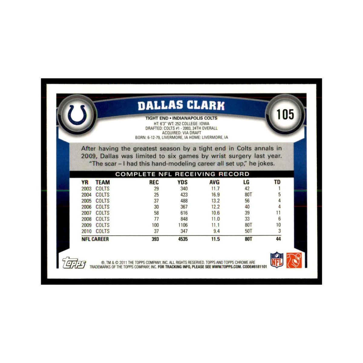 2011 Topps Chrome Dallas Clark Football Cards #105