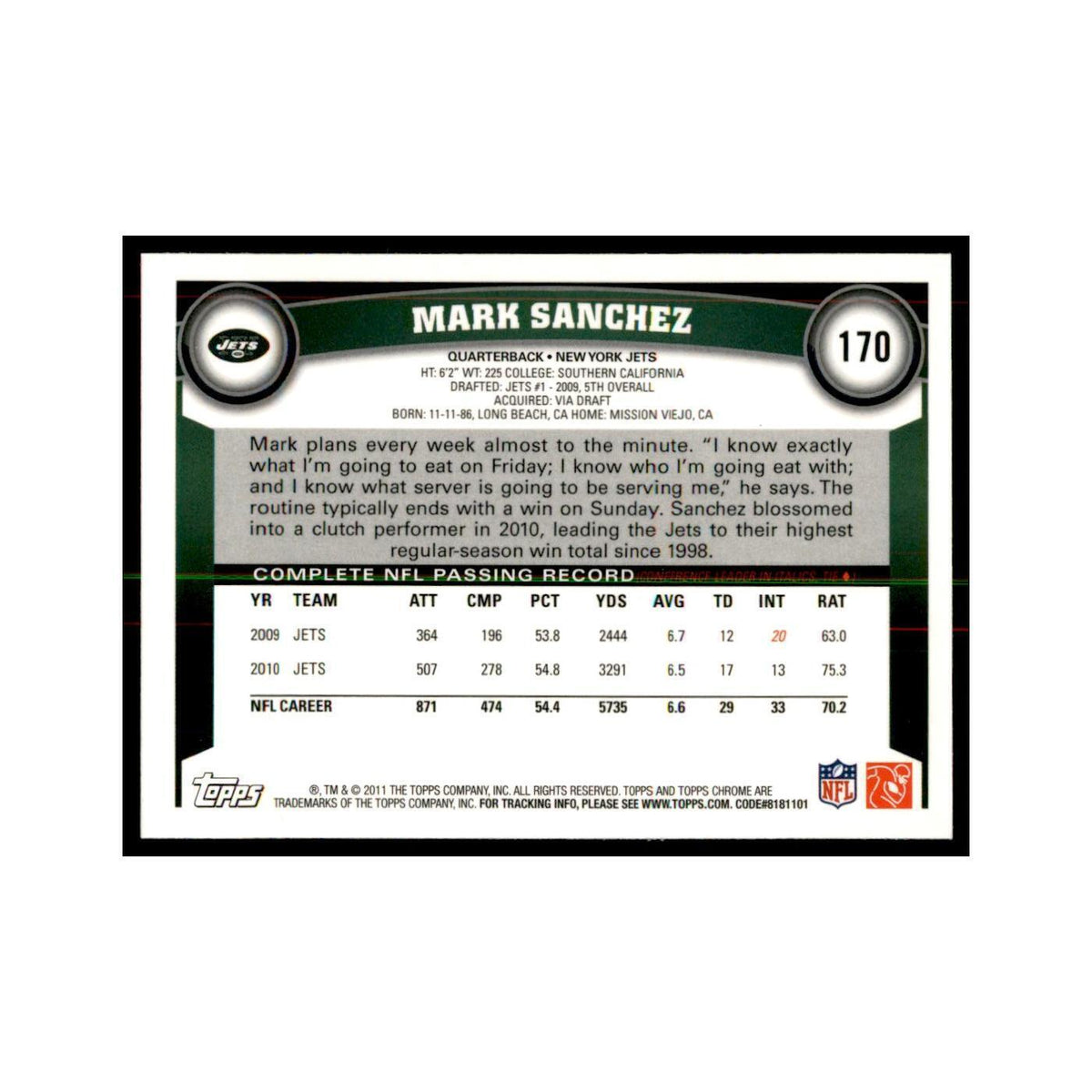 2011 Topps Chrome Mark Sanchez Football Cards #170