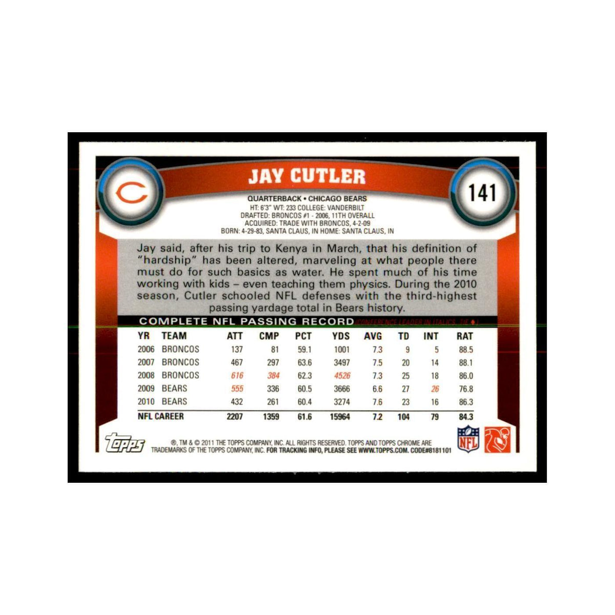 2011 Topps Chrome Jay Cutler Football Cards #141