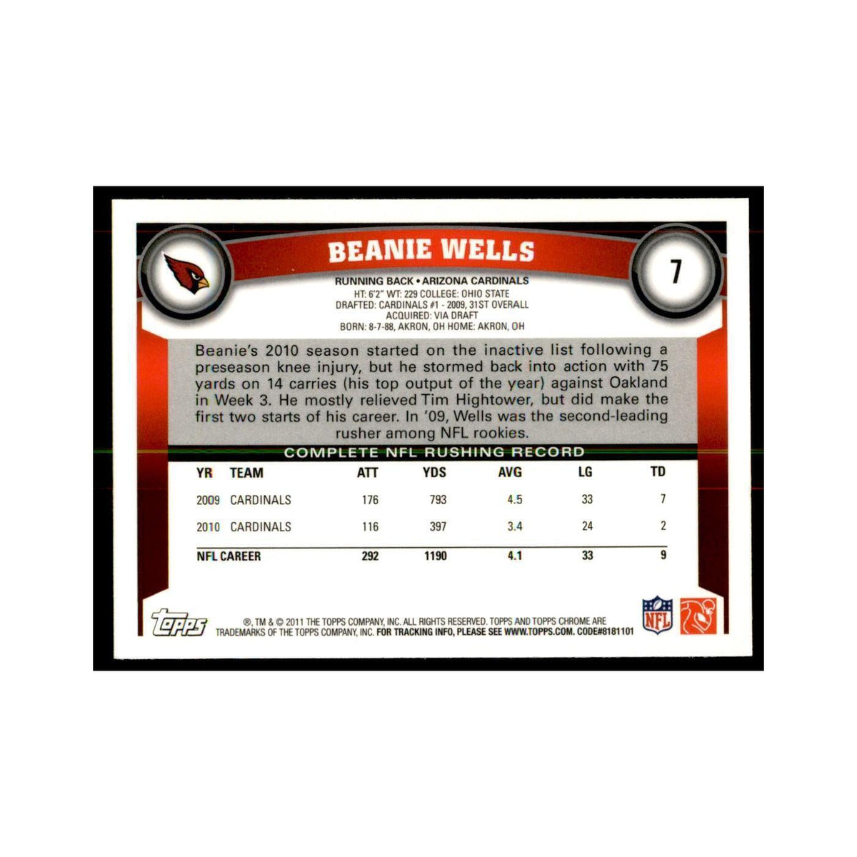 2011 Topps Chrome Beanie Wells Football Cards #7