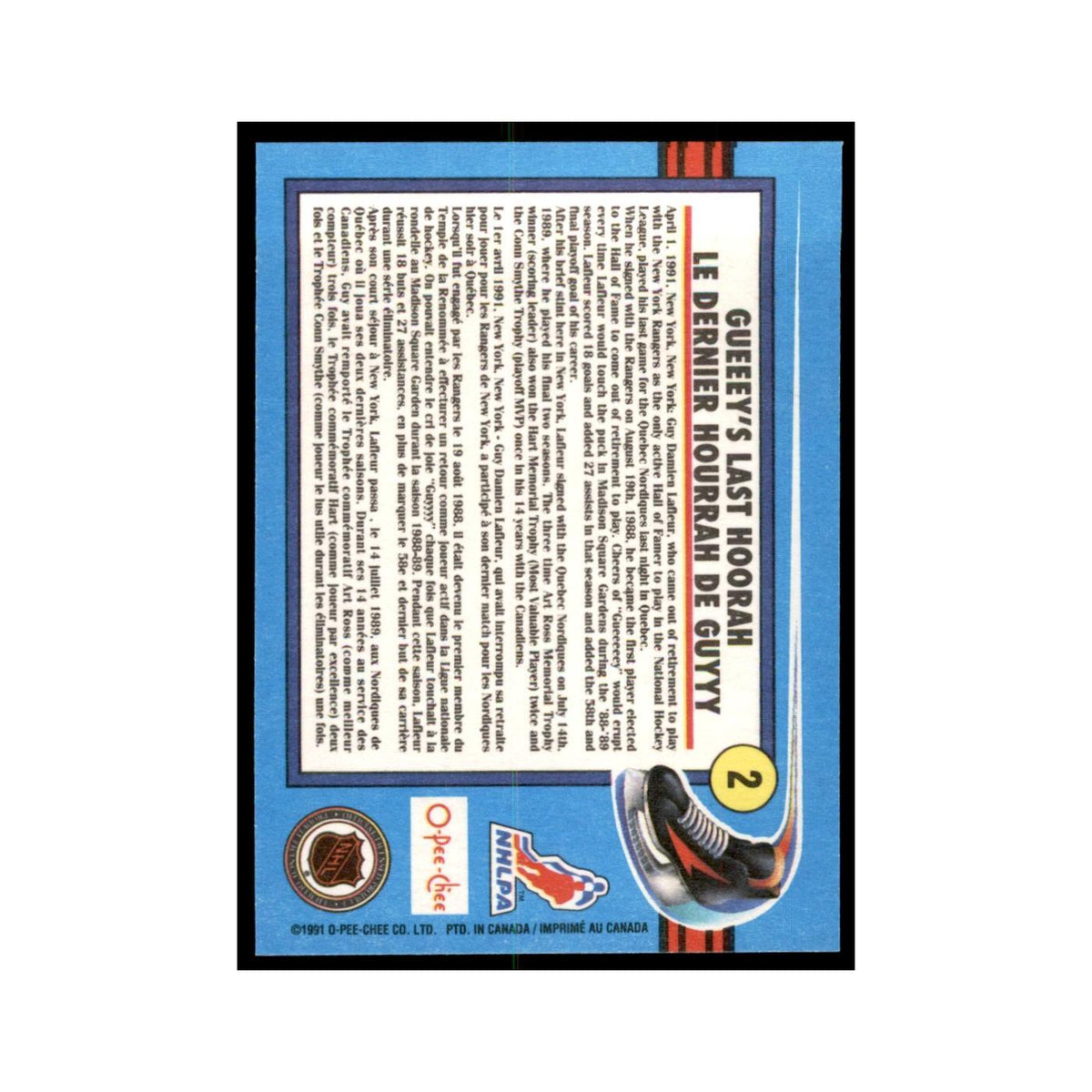 Guy Lafleur 1991 O-Pee-Chee #2 New York Rangers Hockey Card NM