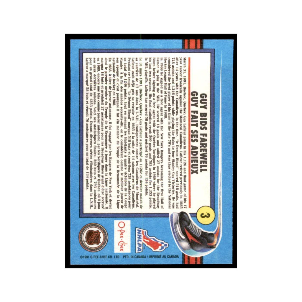 Guy Lafleur 1991 O-Pee-Chee #3 Quebec Nordiques Hockey Card NM