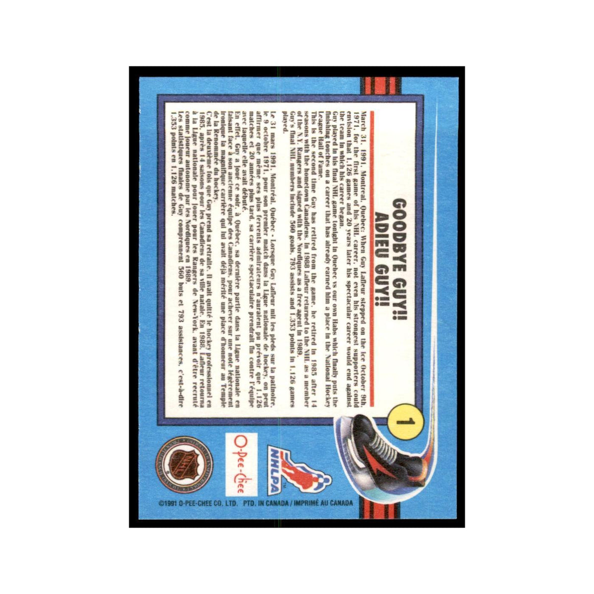 Guy Lafleur 1991 O-Pee-Chee #1 Montreal Canadiens Hockey Card NM