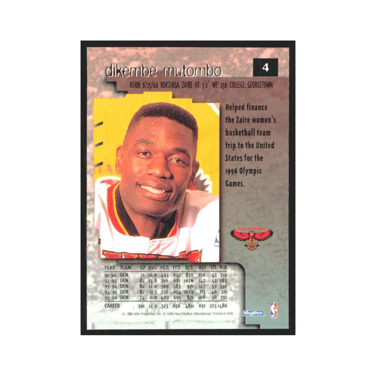 Dikembe Mutombo 1996 SkyBox Premium #4 Atlanta Hawks Basketball Card NM