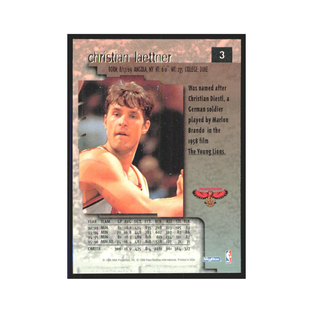 Chistian Laettner 1996 SkyBox Premium #3 Atlanta Hawks Basketball Card NM