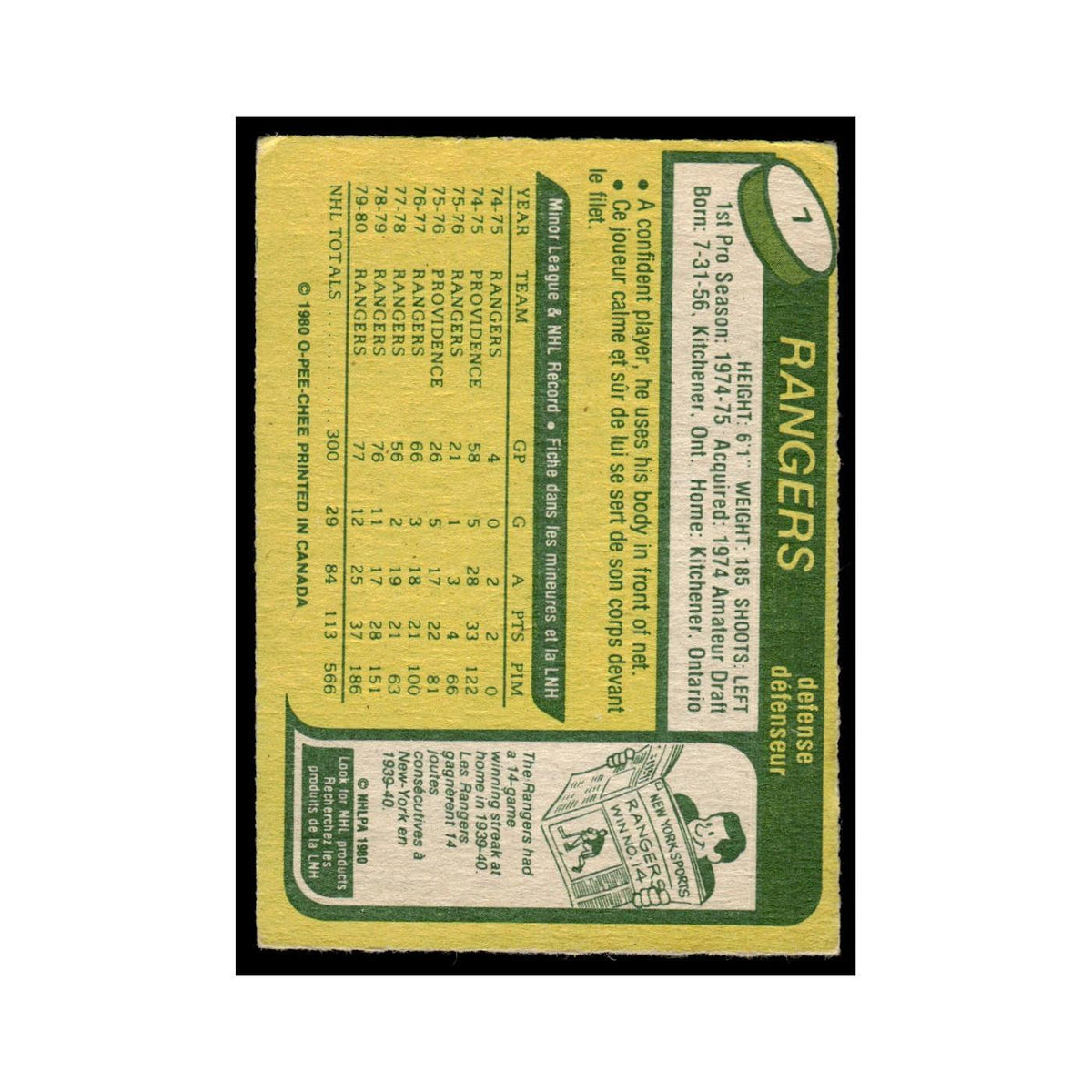 Dave Maloney 1980 O-Pee-Chee #7 New York Rangers Hockey Card VG