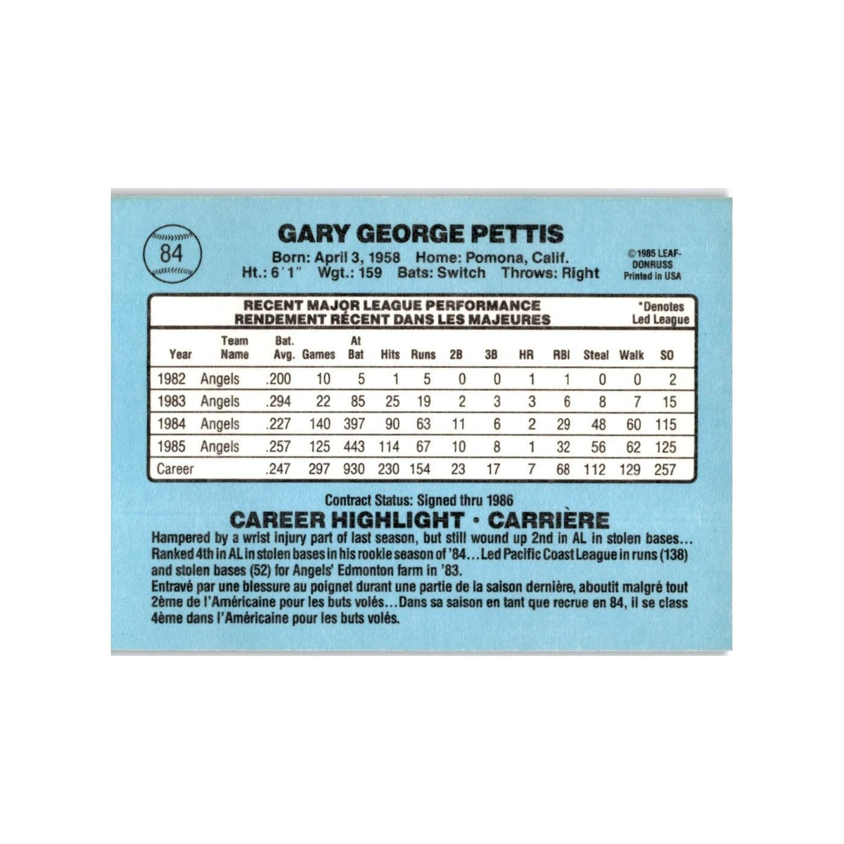 Gary Pettis 1986 Leaf #84 California Angels Baseball Card NM