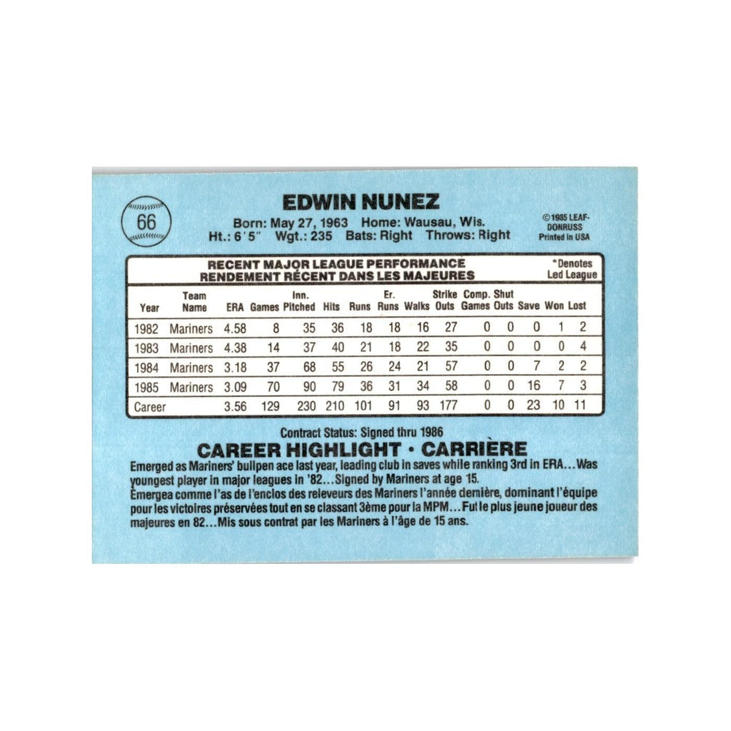 Edwin Nunez 1986 Leaf #66 Seattle Mariners Baseball Card NM