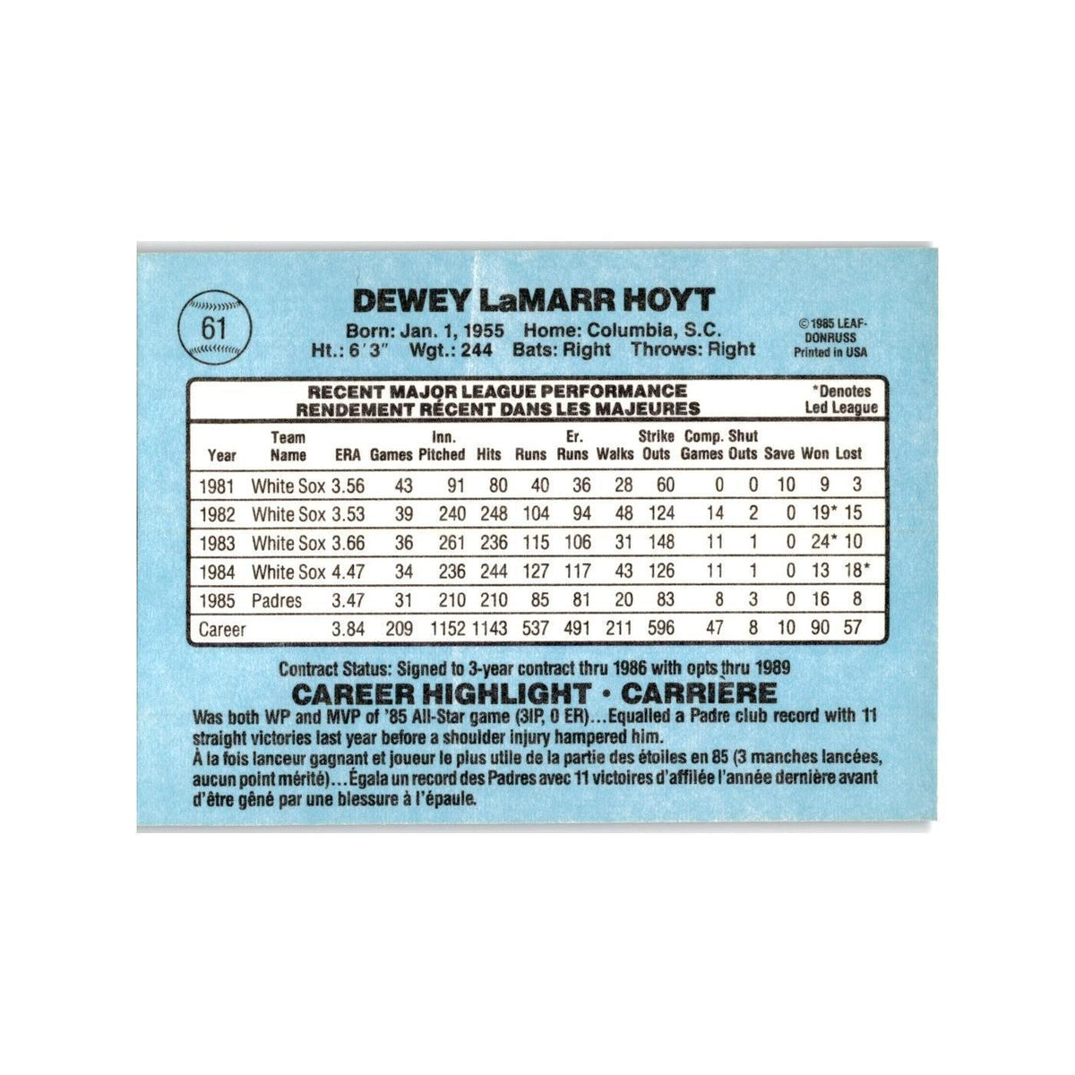 LaMarr Hoyt 1986 Leaf #61 San Diego Padres Baseball Card NM