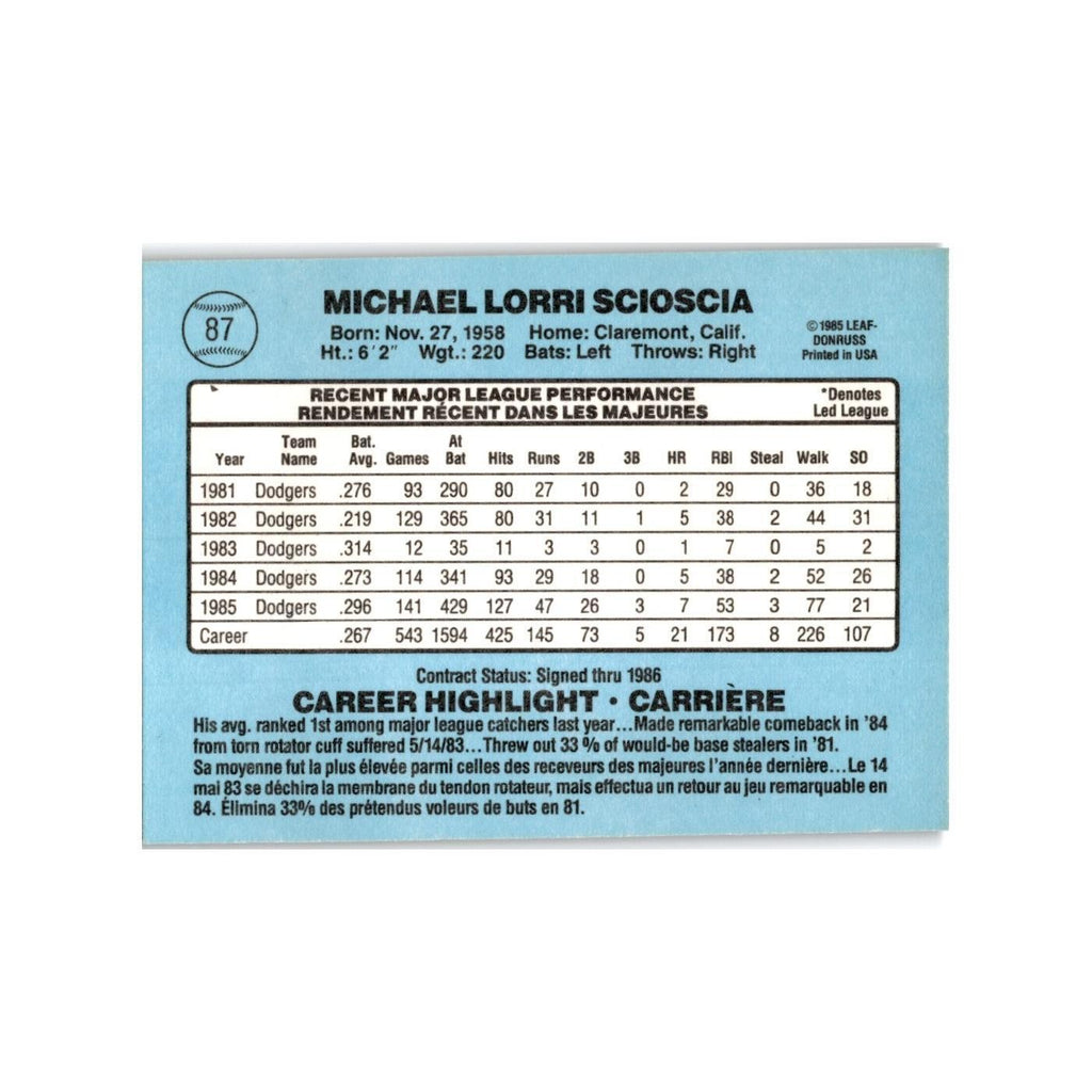 Mike Scioscia 1986 Leaf #87 Los Angeles Dodgers Baseball Card NM