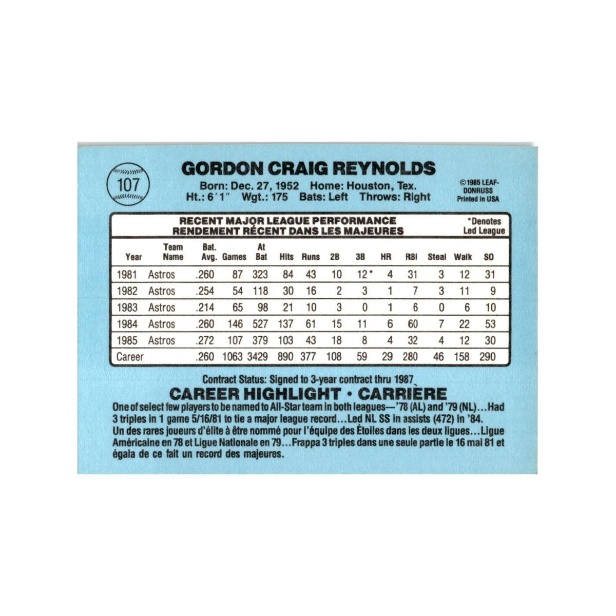 Craig Reynolds 1986 Leaf #107 Houston Astros Baseball Card NM