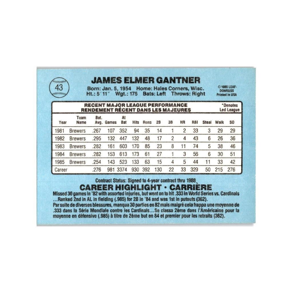 Jim Gantner 1986 Leaf #43 Milwaukee Brewers Baseball Card NM