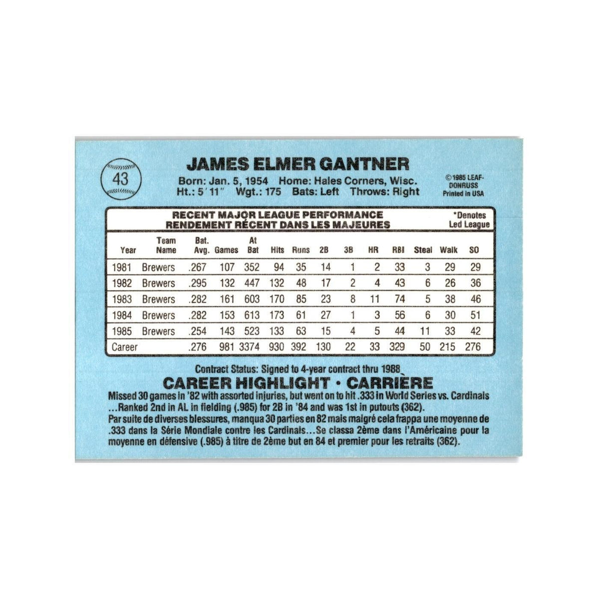 Jim Gantner 1986 Leaf #43 Milwaukee Brewers Baseball Card NM