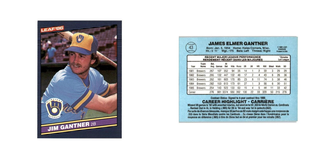 Jim Gantner 1986 Leaf #43 Milwaukee Brewers Baseball Card NM