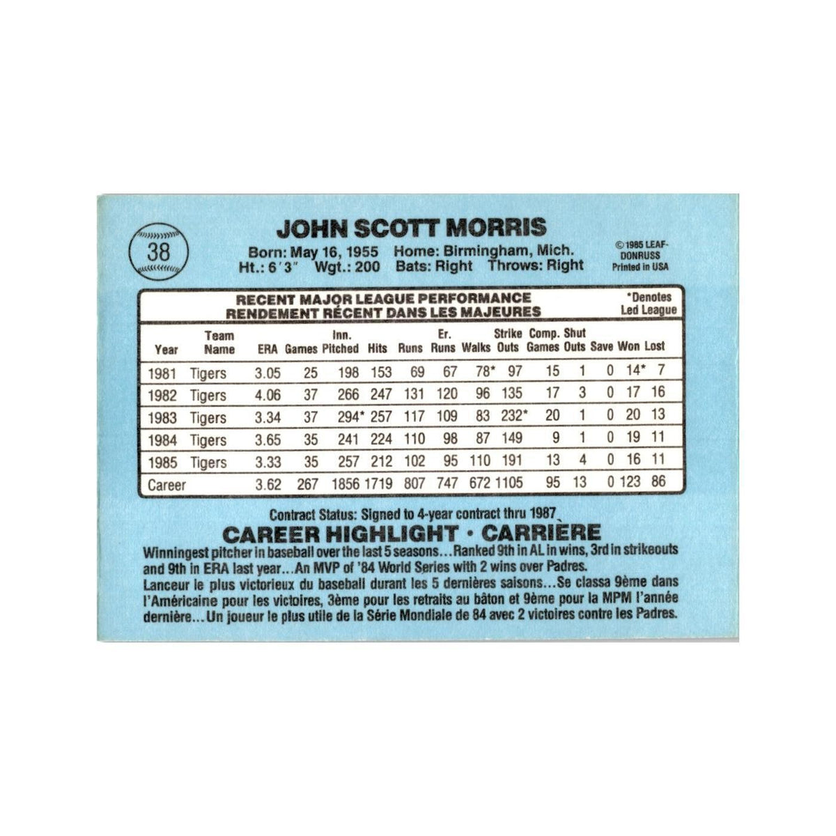Jack Morris 1986 Leaf #38 Detroit Tigers Baseball Card NM