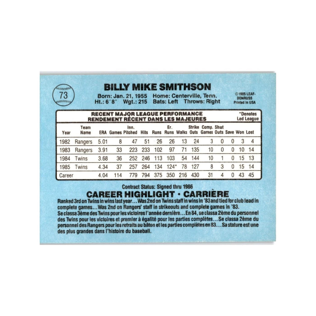 Mike Smithson 1986 Leaf #73 Minnesota Twins Baseball Card NM
