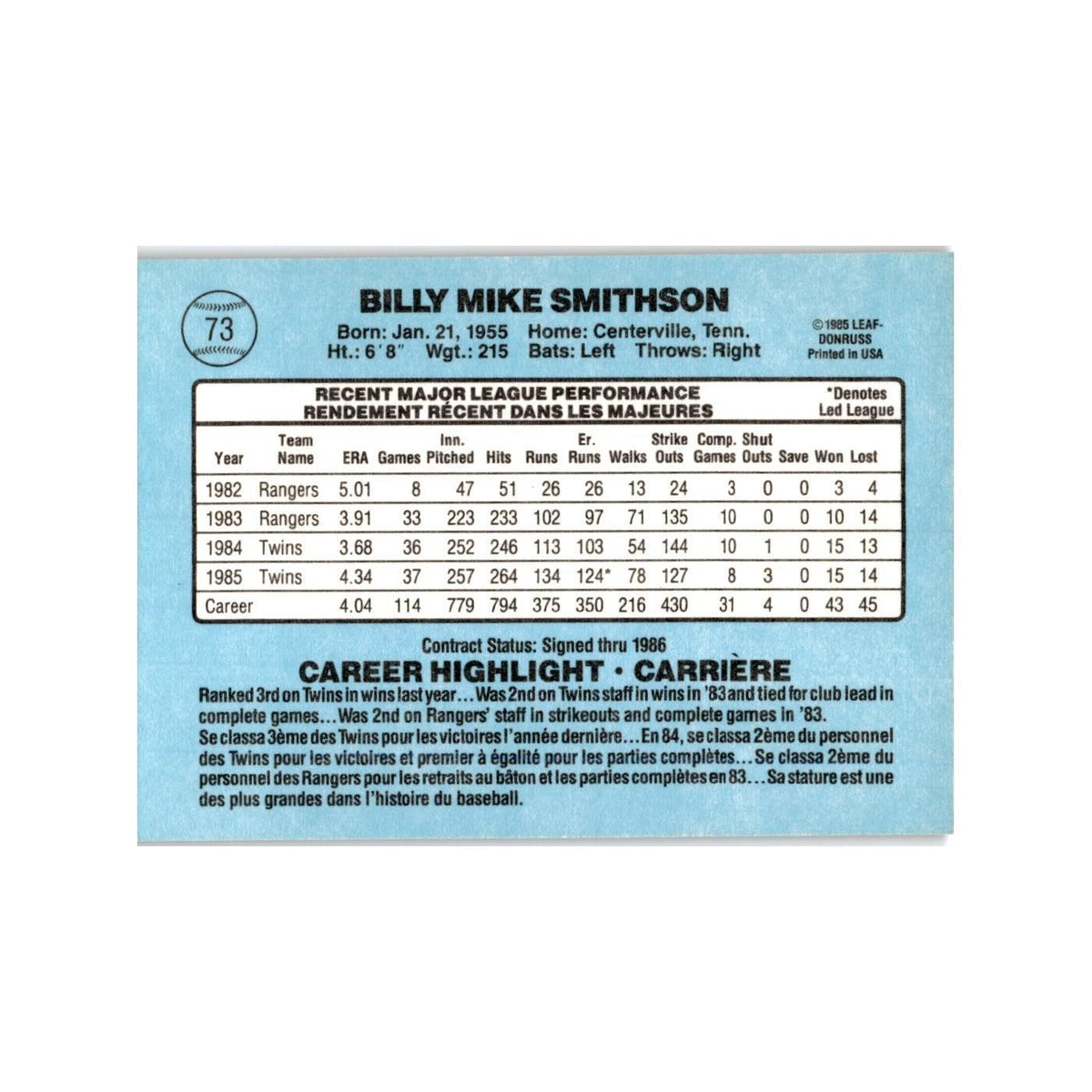 Mike Smithson 1986 Leaf #73 Minnesota Twins Baseball Card NM