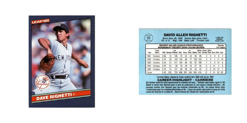 Dave Righetti 1986 Leaf #89 New York Yankees Baseball Card NM
