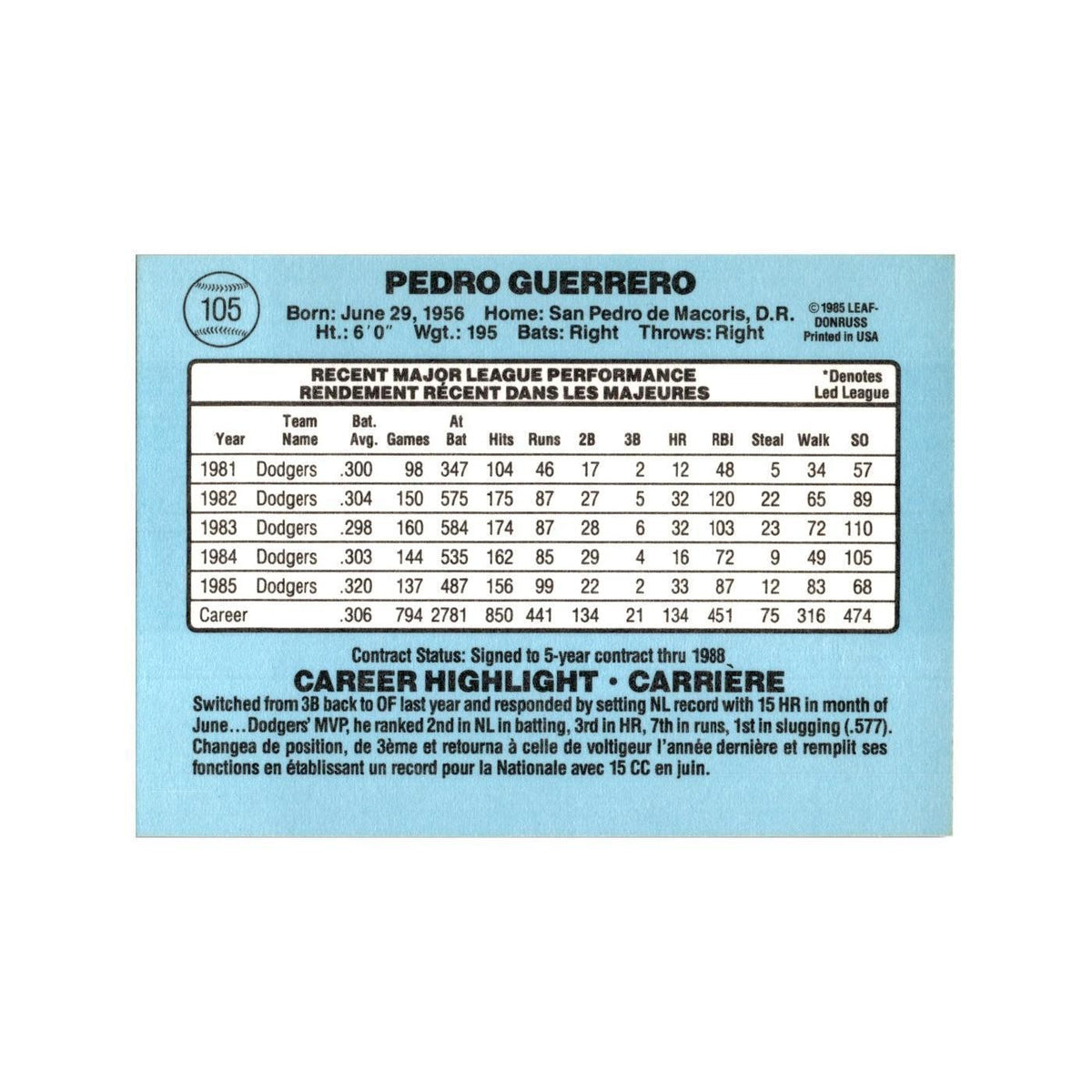 Pedro Guerrero 1986 Leaf #105 Los Angeles Dodgers Baseball Card NM